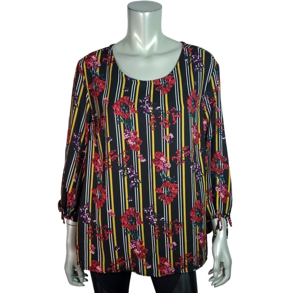 Massini Top Plus Size 1X Tie Sleeve Scoop Neck Floral Casual Pullover Black
